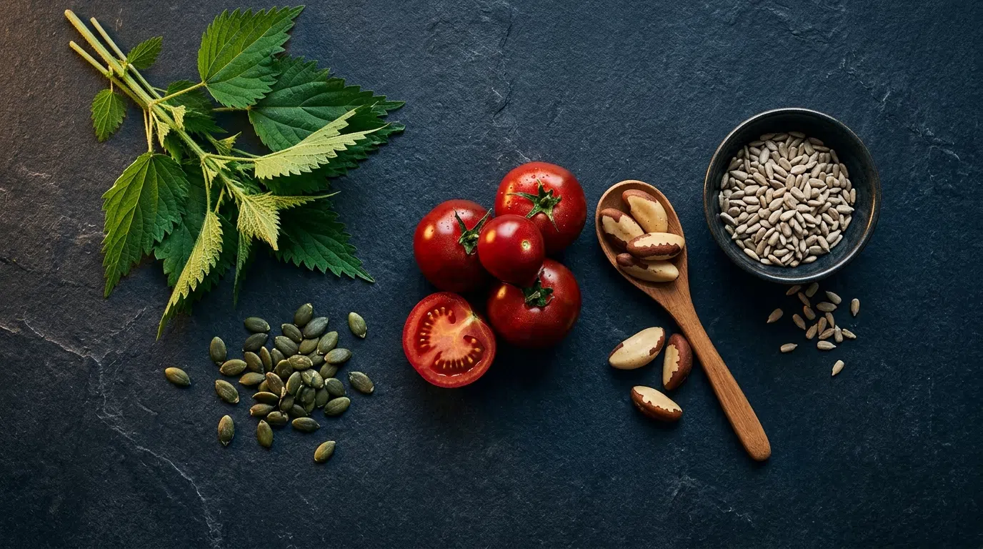 Natural pelvic circulation wellness supplement ingredients - nettle root, pumpkin seeds, lycopene tomatoes, brazil nuts