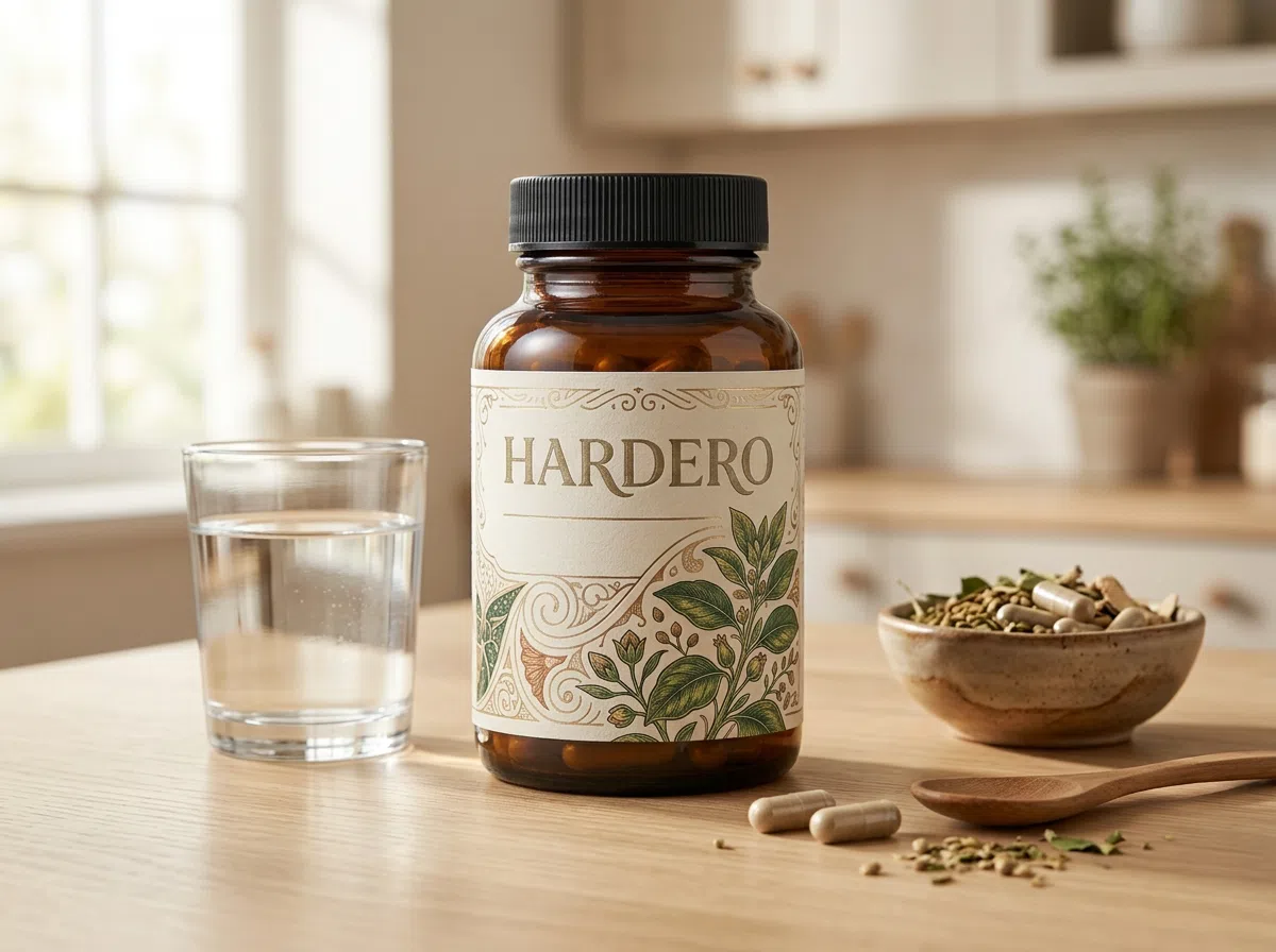 Hardero men's health food supplement 60 capsules - bottle with natural ingredients flat lay